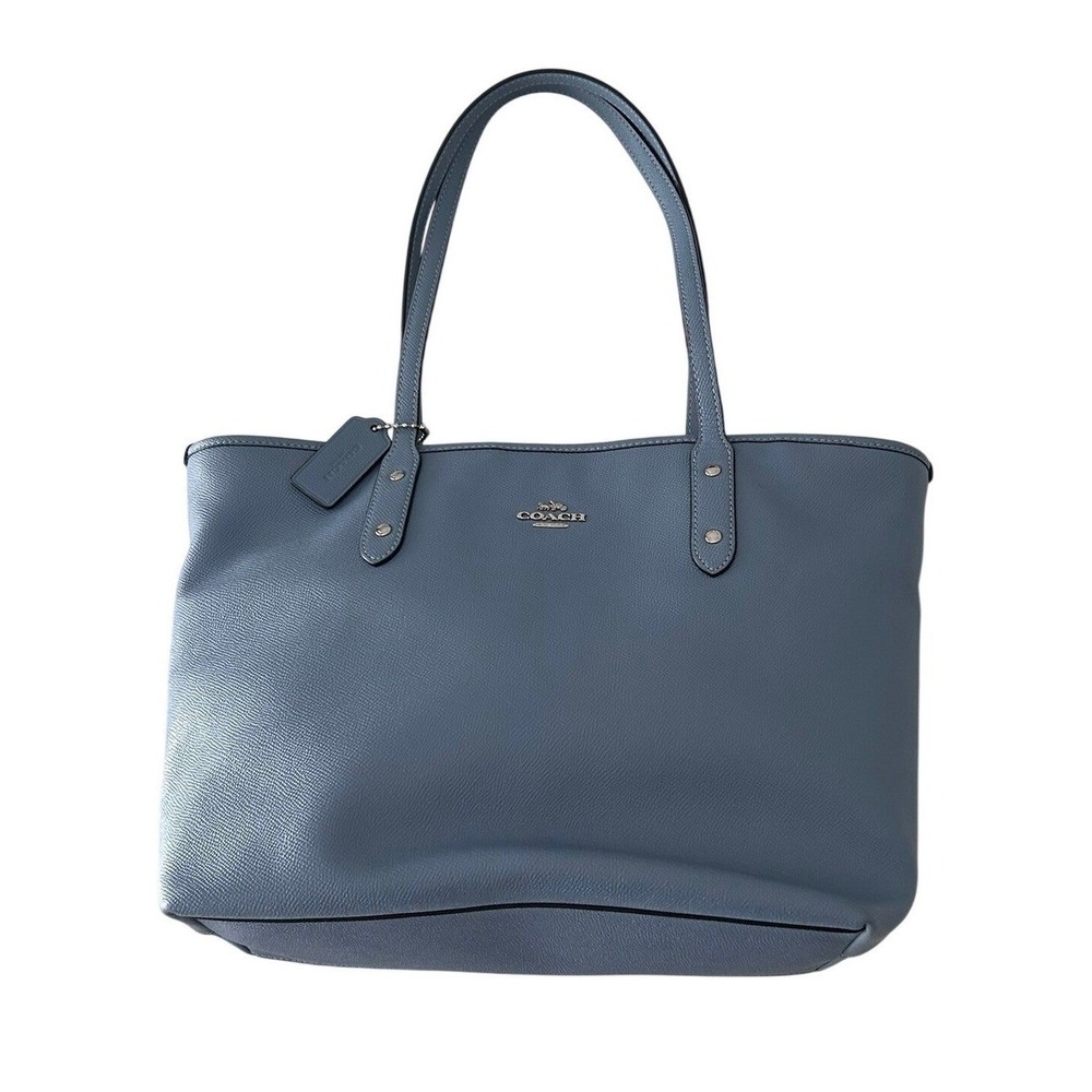 Coach Zip Top Tote Women Large Blue Excellent Crossgrain Leather F58846